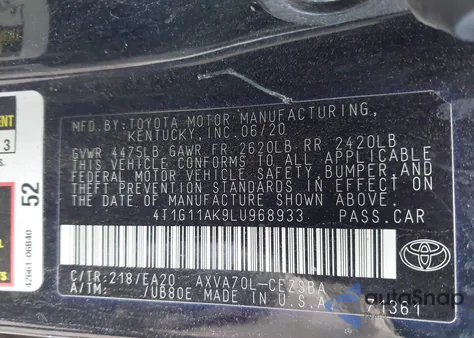 2020 Toyota Camry Se from USA, damaged, VIN 4T1G11AK9LU968933